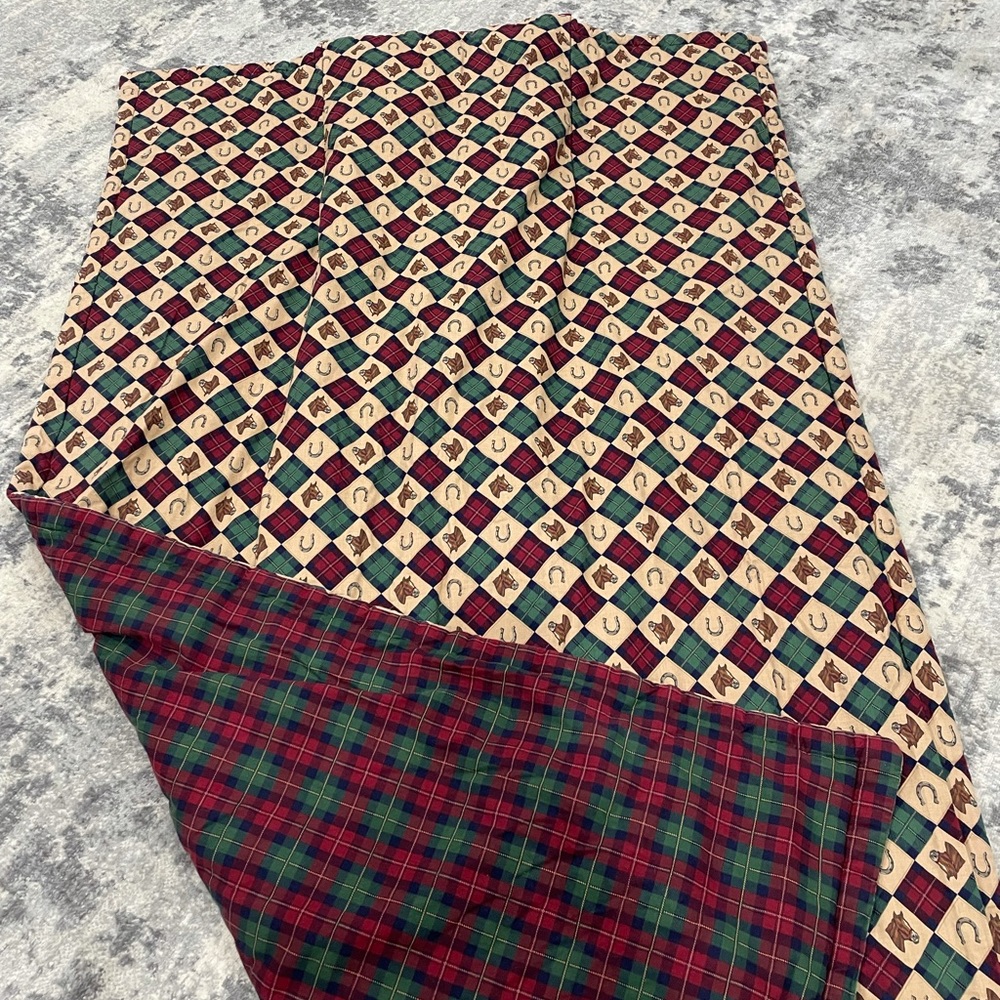 Vintage Lap Quilt horse horseshoe plaid reversible blanket